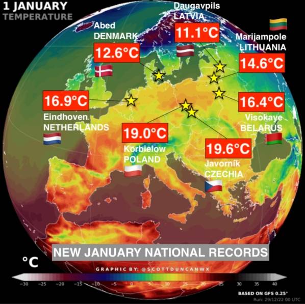 les températures 1 janvier 2023